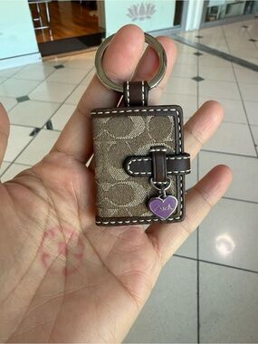 Coach Brown/Tan Signature Mini Keychain Wallet with Purple Heart Charm